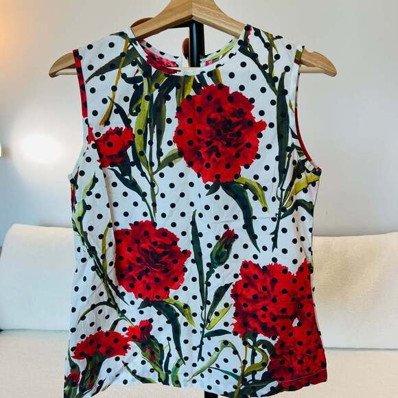 Floral Polka Dot Cotton Sleeveless Blouse with Back Tie – Size 38 - Picture 4 of 4